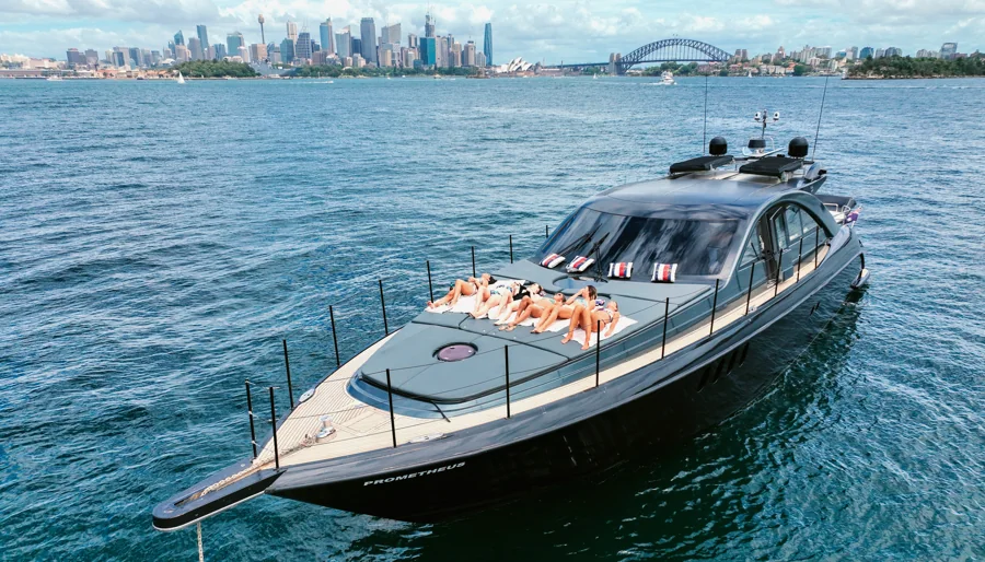 PROMETHEUS seen from the bow with Sydney skyline beyond