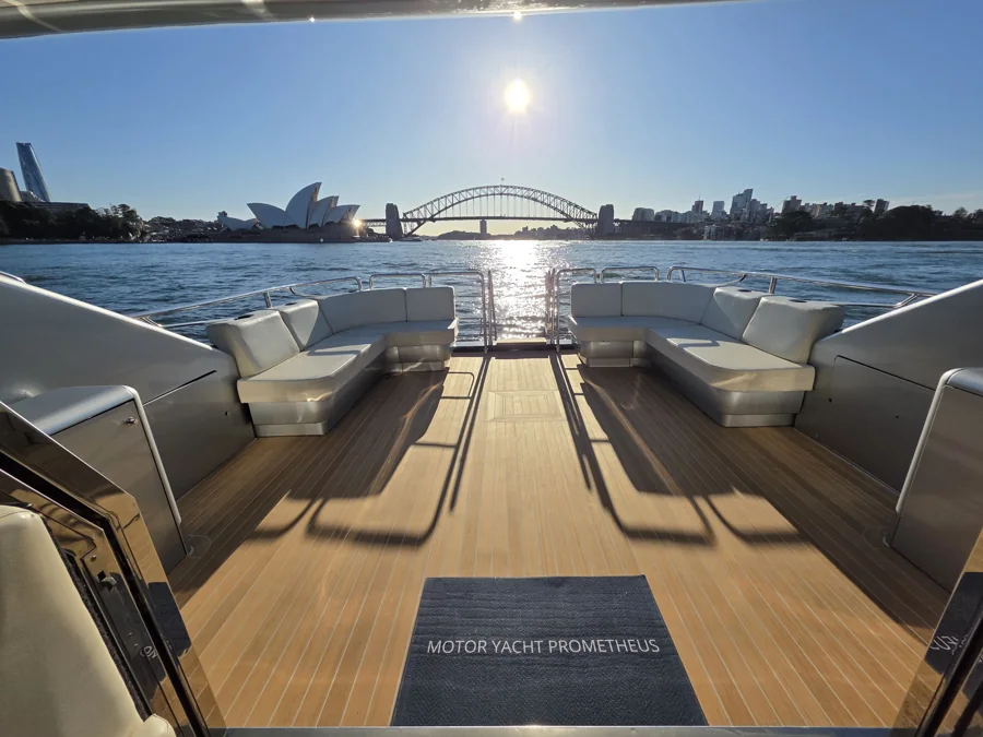 PROMETHEUS’s teak aft deck looking towards the Harbour Bridge