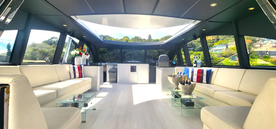 The open upper saloon and facing lounges aboard PROMETHEUS