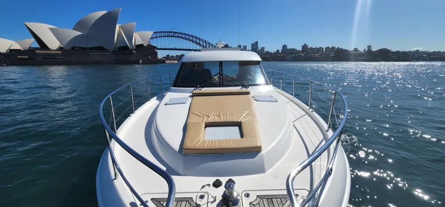 SEADUCTION’s bow sun pad with the Opera House in the distance
