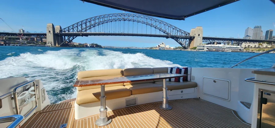 Open aft deck on SEADUCTION beneath the Harbour Bridge